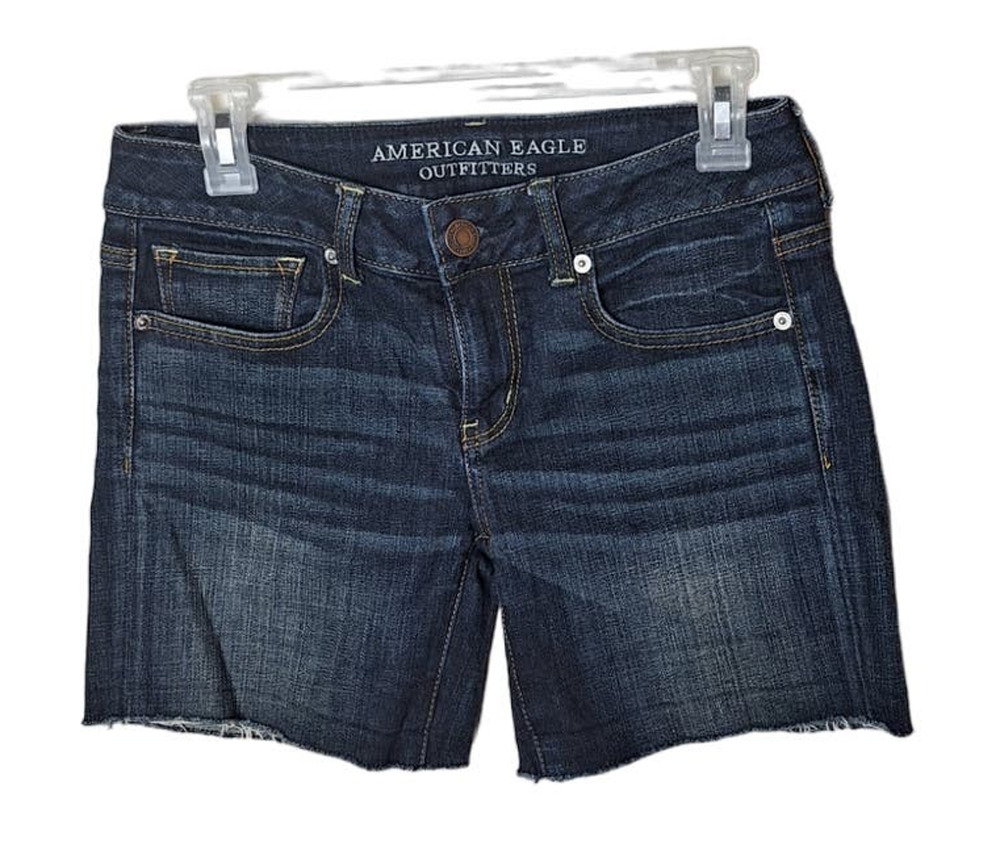 American Eagle Women 4 Dark Wash Denim "Stretch" Denim Jean Shorts, Inseam 6"